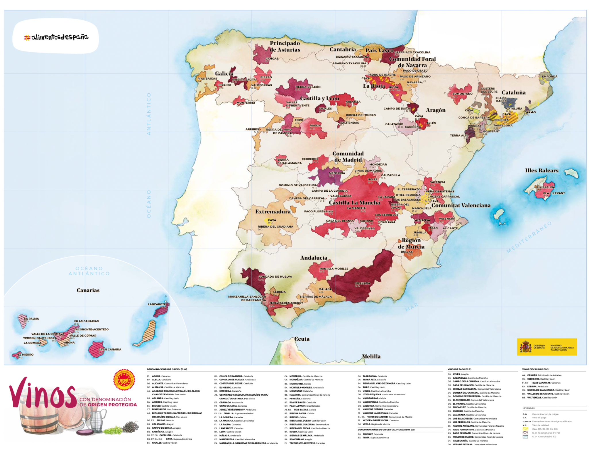 a map of spain with red and white wine regions